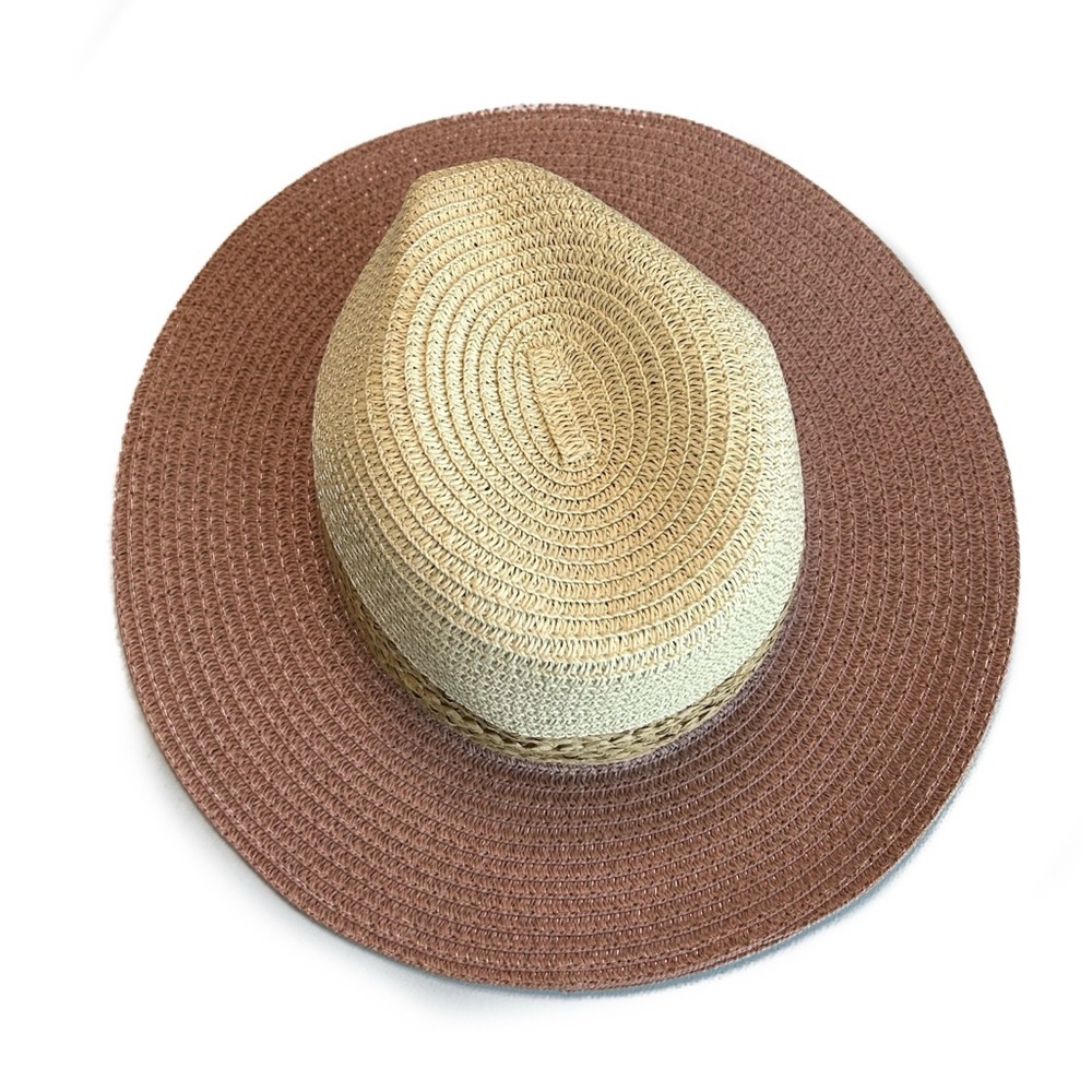 Woven Two-Tone Straw Sun Hat - Natural & Brown - Picture 2 of 6